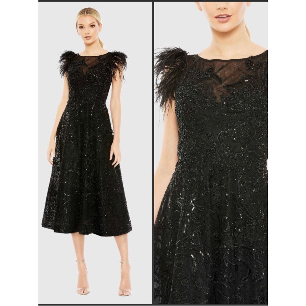 NW0T MAC DUGGAL 20400 Black Feather Shoulder Embellished Dress Size 8